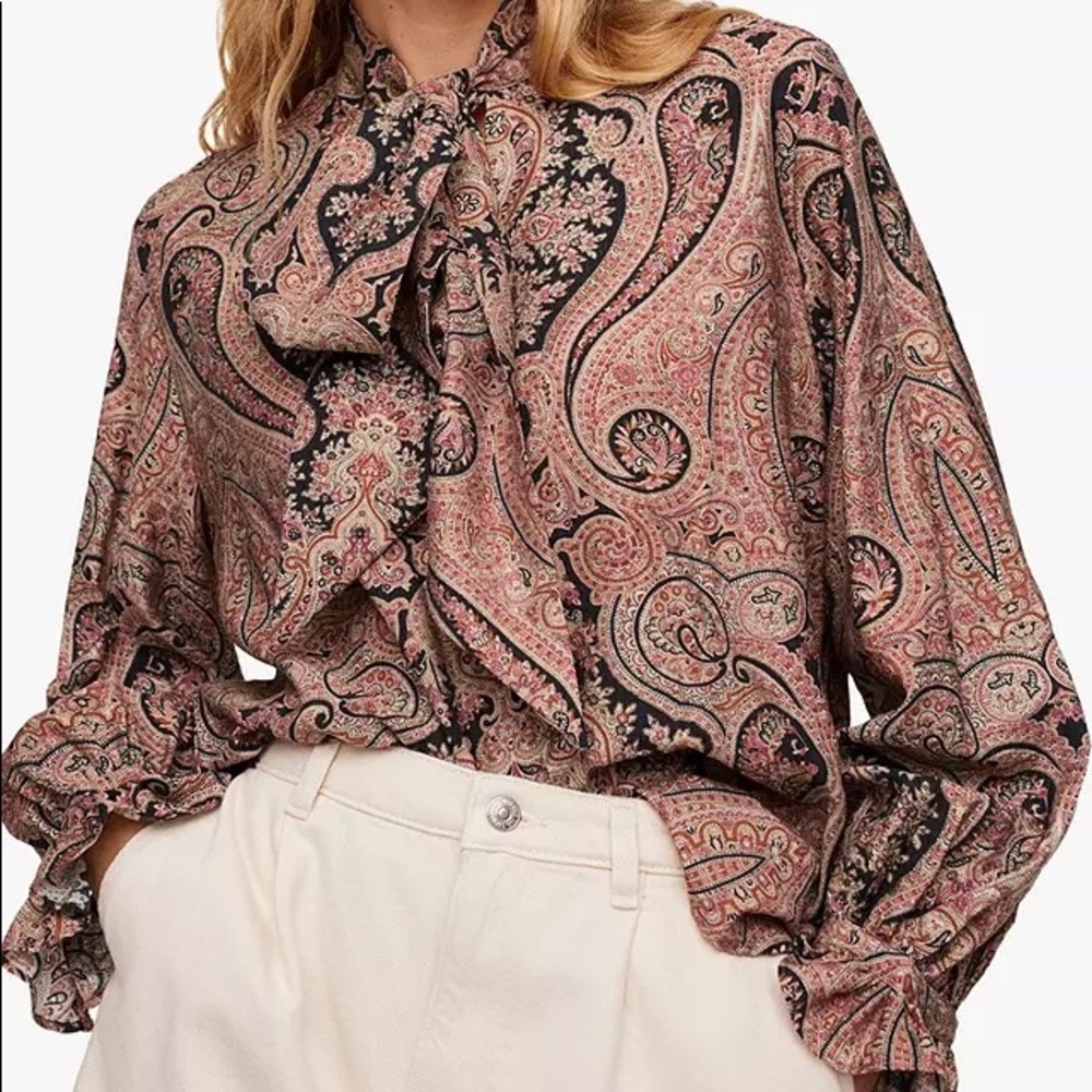 Mango fire paisley tie neck blouse